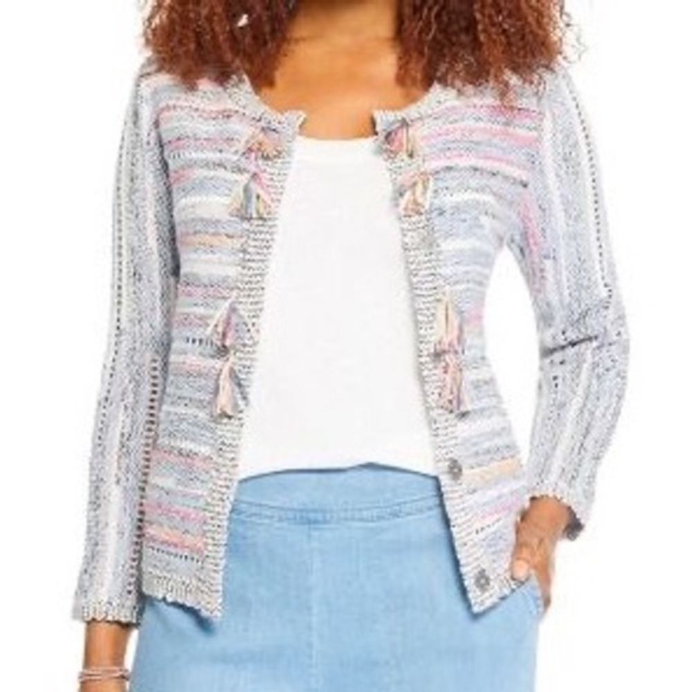 NIC+ZOE Taffy Pastel Multi-Color Tassel Open Knit Cardigan Jacket Size Large